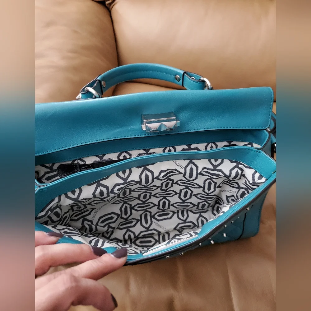 Rebecca Minkoff Teal leather Satchel good used condition crossbody strap
